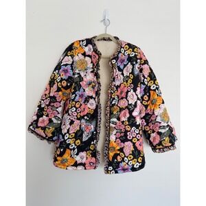 Womens Boho Floral Quilted Sherpa Lined Jacket Medium Lagenlook Cottagecore